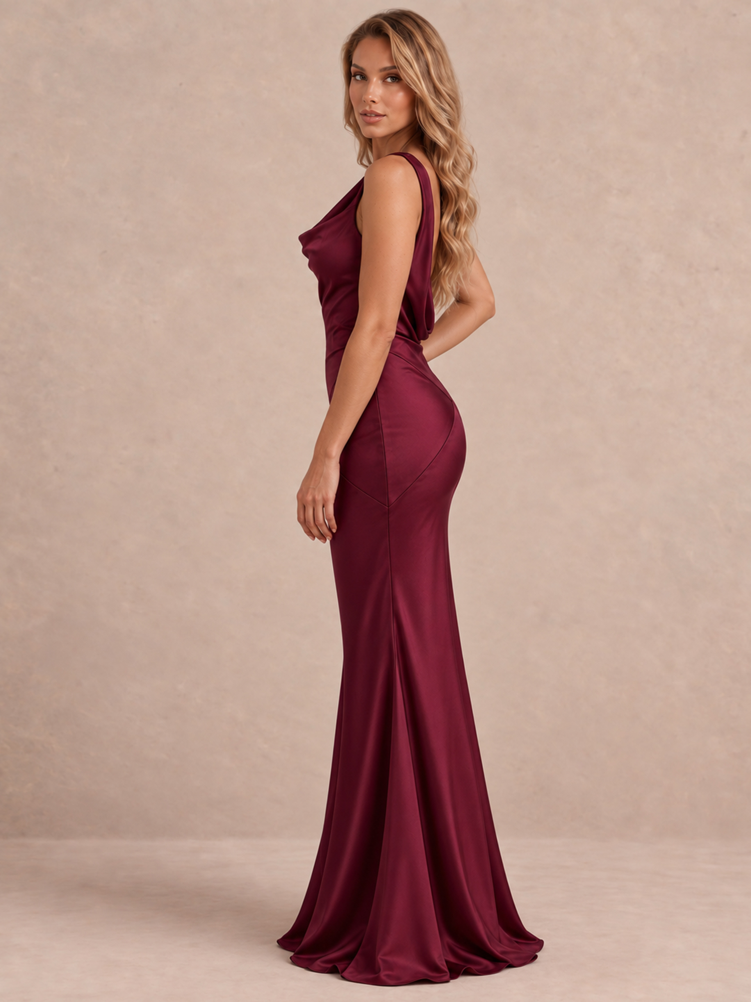 Satin Draped Cowl Back Maxi Formal Dress 