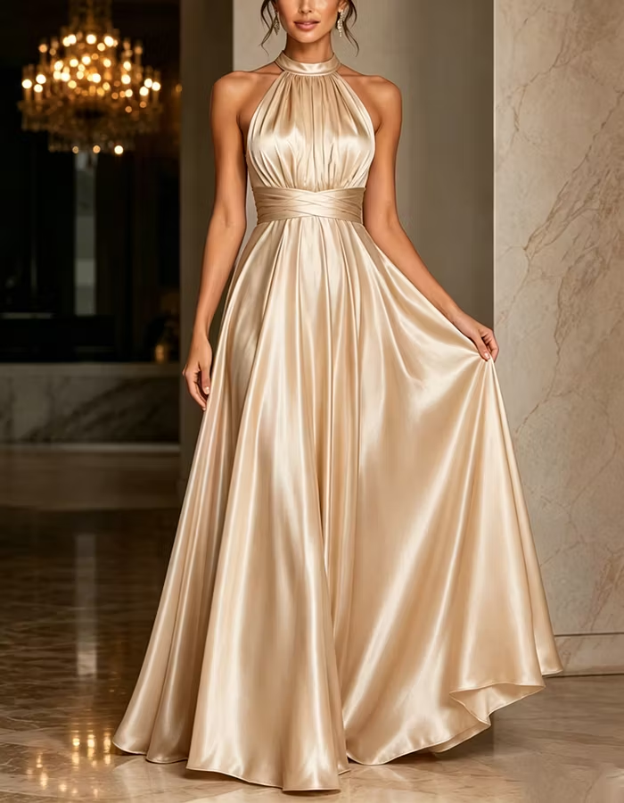 Champagne Halter Neck Satin A-Line Maxi Dress