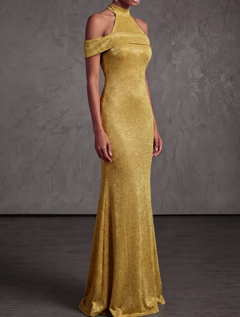 Gold Formal Evening Dress Cold Shoulder Mermaid Maxi Dress