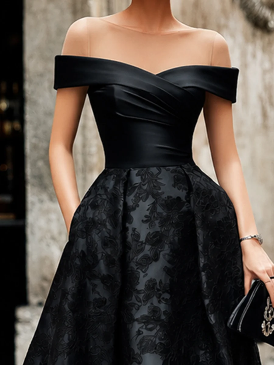 Elegant Off-the-Shoulder Wrap Bodice Floral Jacquard Midi Dress