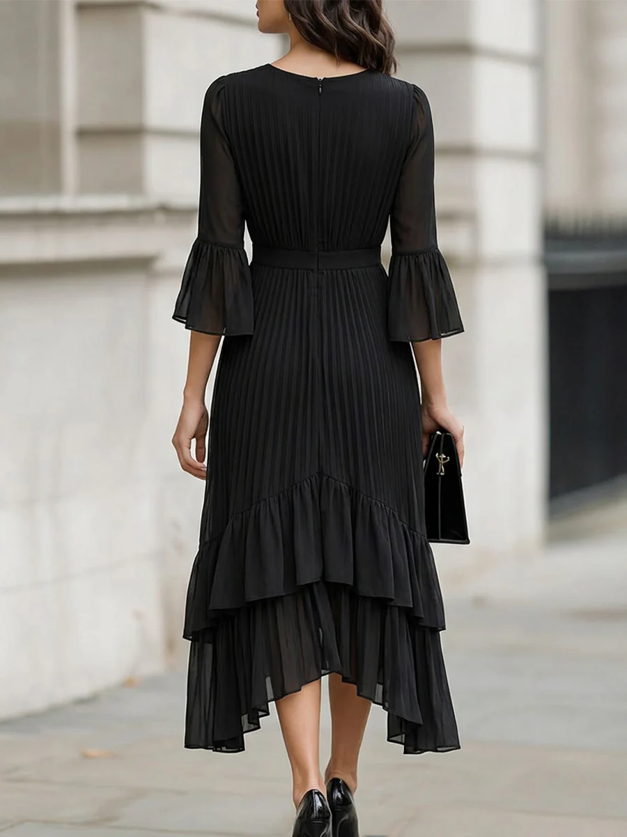 V-Neck 3/4 Flare Sleeve Pleated Chiffon Midi Dress