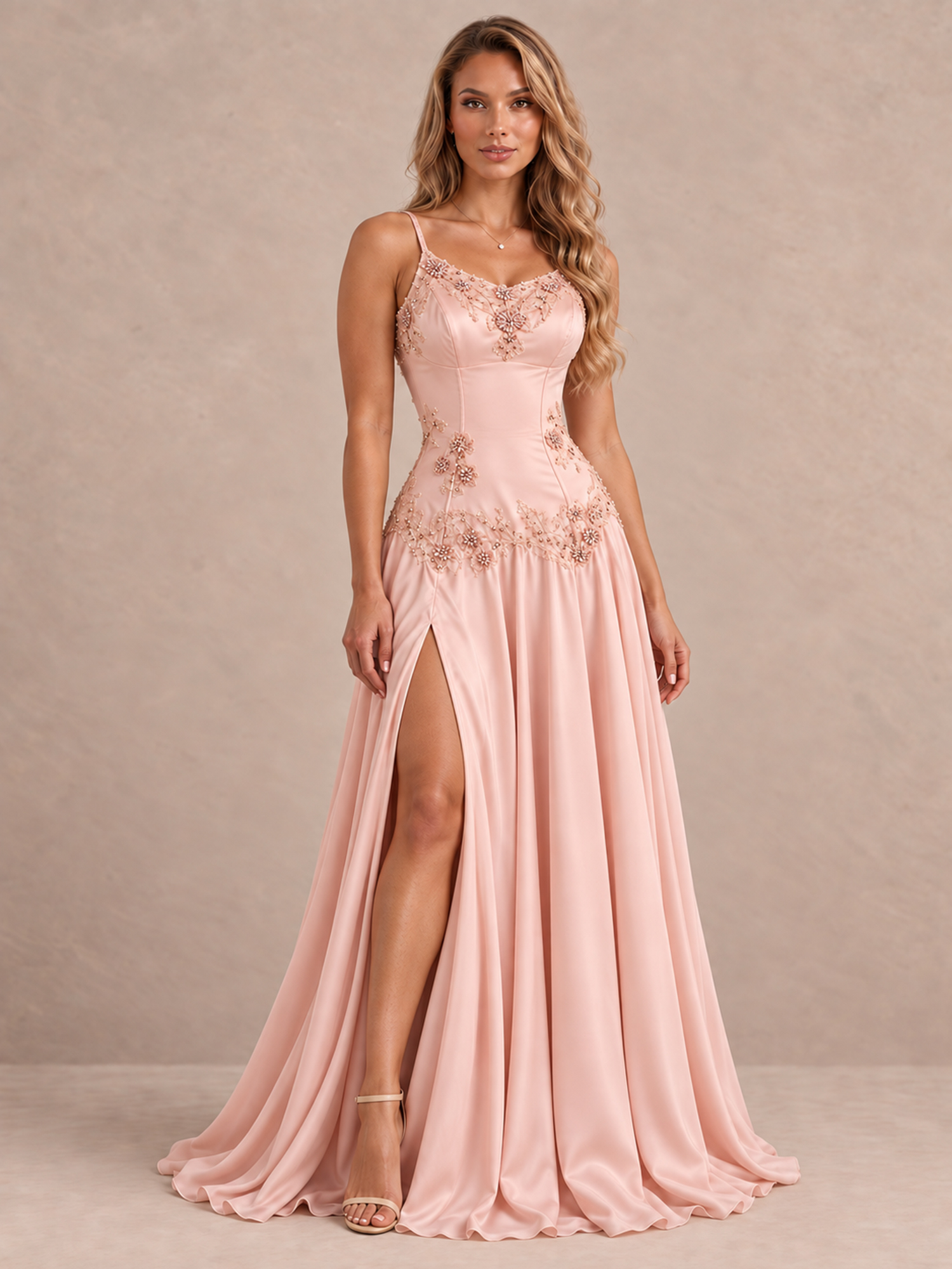 Satin Beaded Spaghetti Straps Maxi Dress