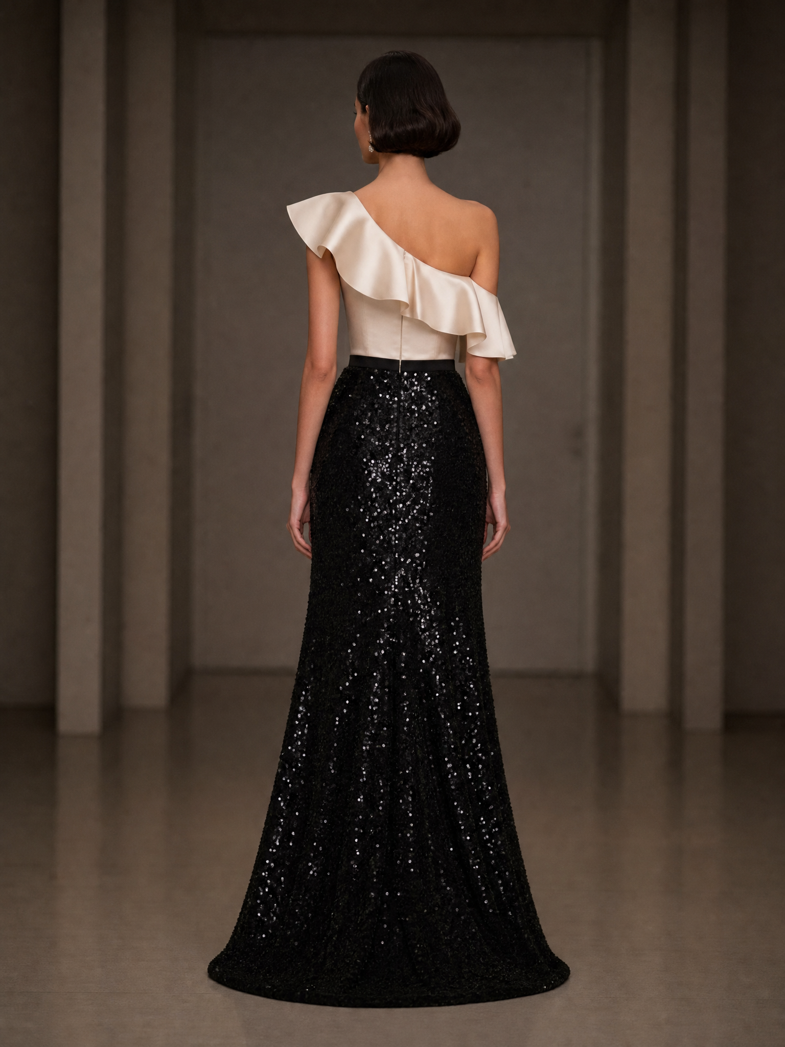One-Shoulder Ruffle Bodice Sequin Mermaid Gown with Slit