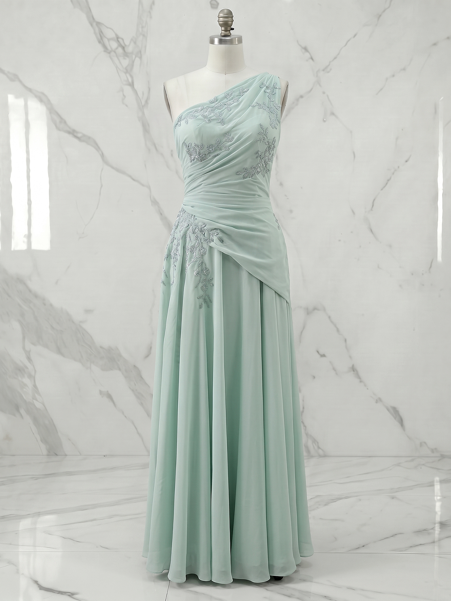 Mint Green Applique 3D Floral Chiffon One Shoulder Sleeveless A-Line Floor Length Dress