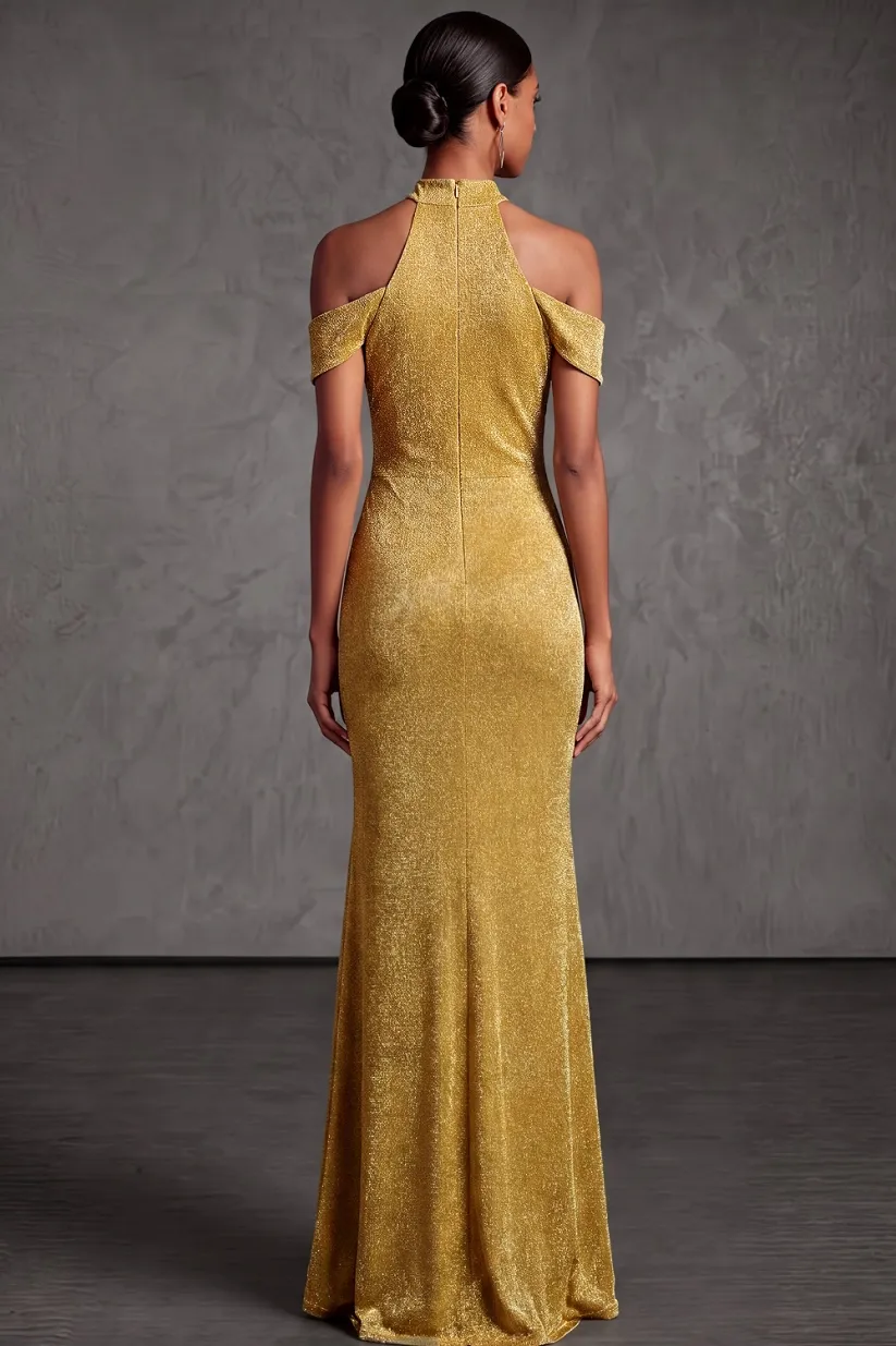 Gold Formal Evening Dress Cold Shoulder Mermaid Maxi Dress