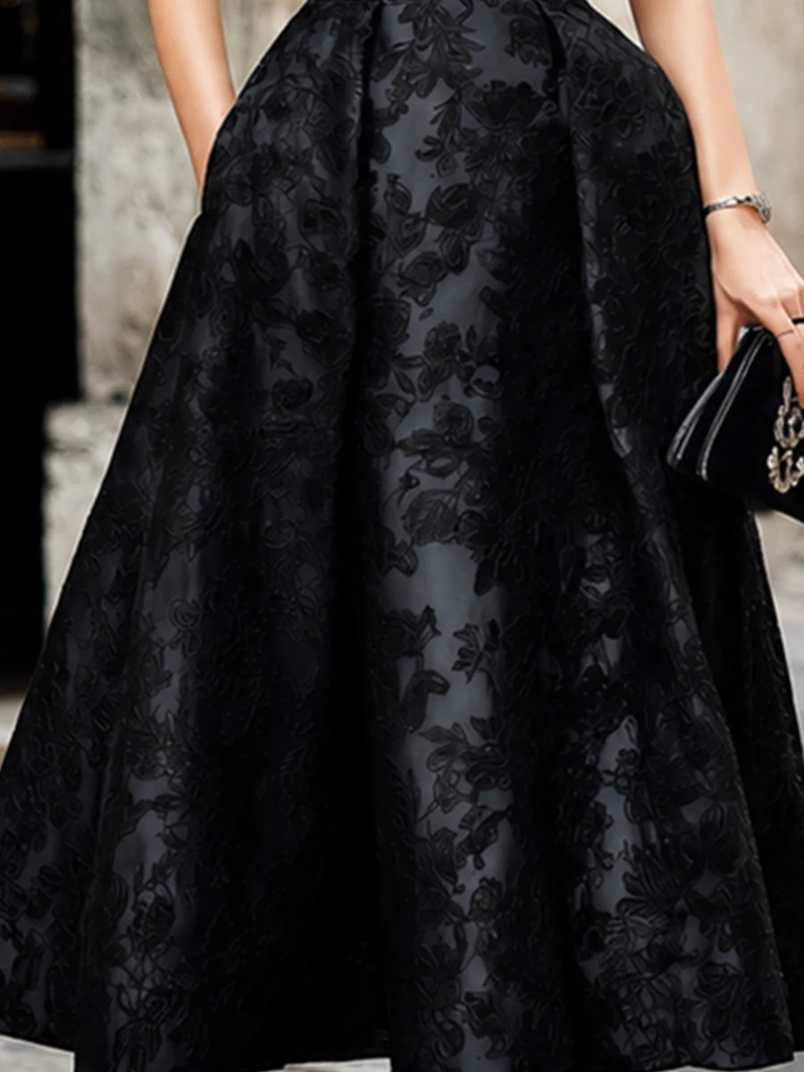 Elegant Off-the-Shoulder Wrap Bodice Floral Jacquard Midi Dress