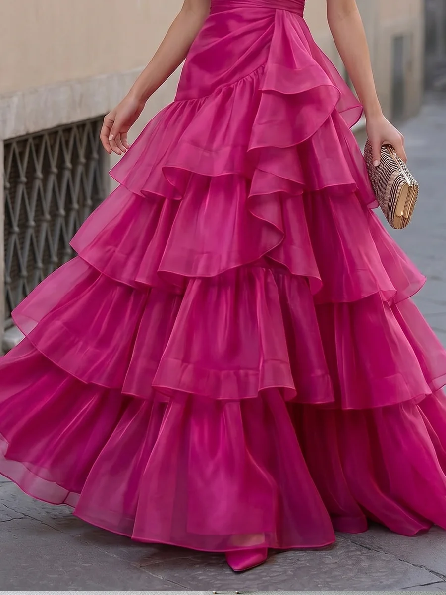 Sheer Organza Layered Ruffle Maxi Dress