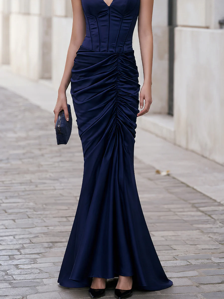 Satin Sleeveless Deep V Corset Ruched Mermaid Maxi Dress