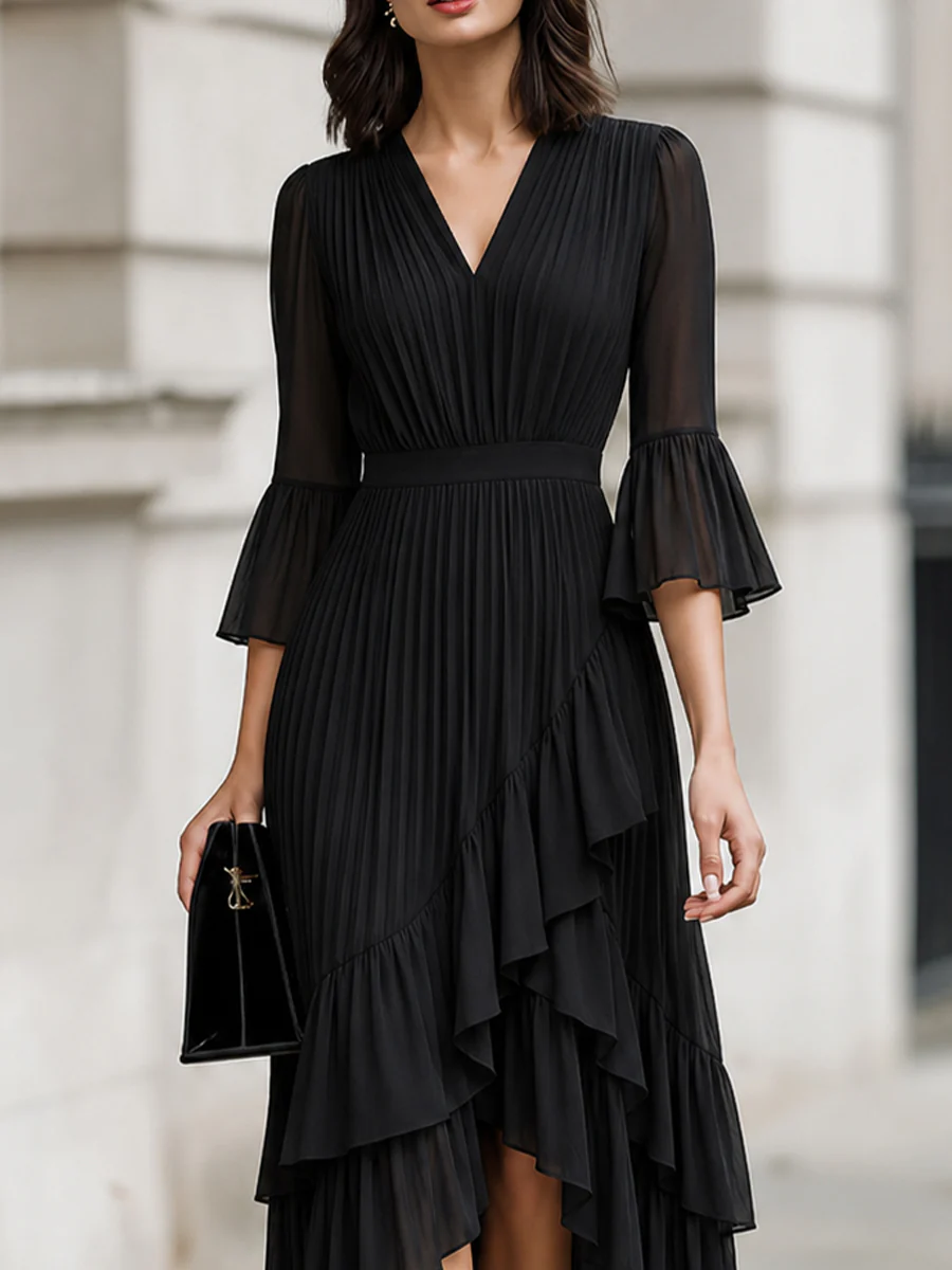 V-Neck 3/4 Flare Sleeve Pleated Chiffon Midi Dress