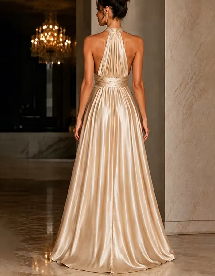 Champagne Halter Neck Satin A-Line Maxi Dress