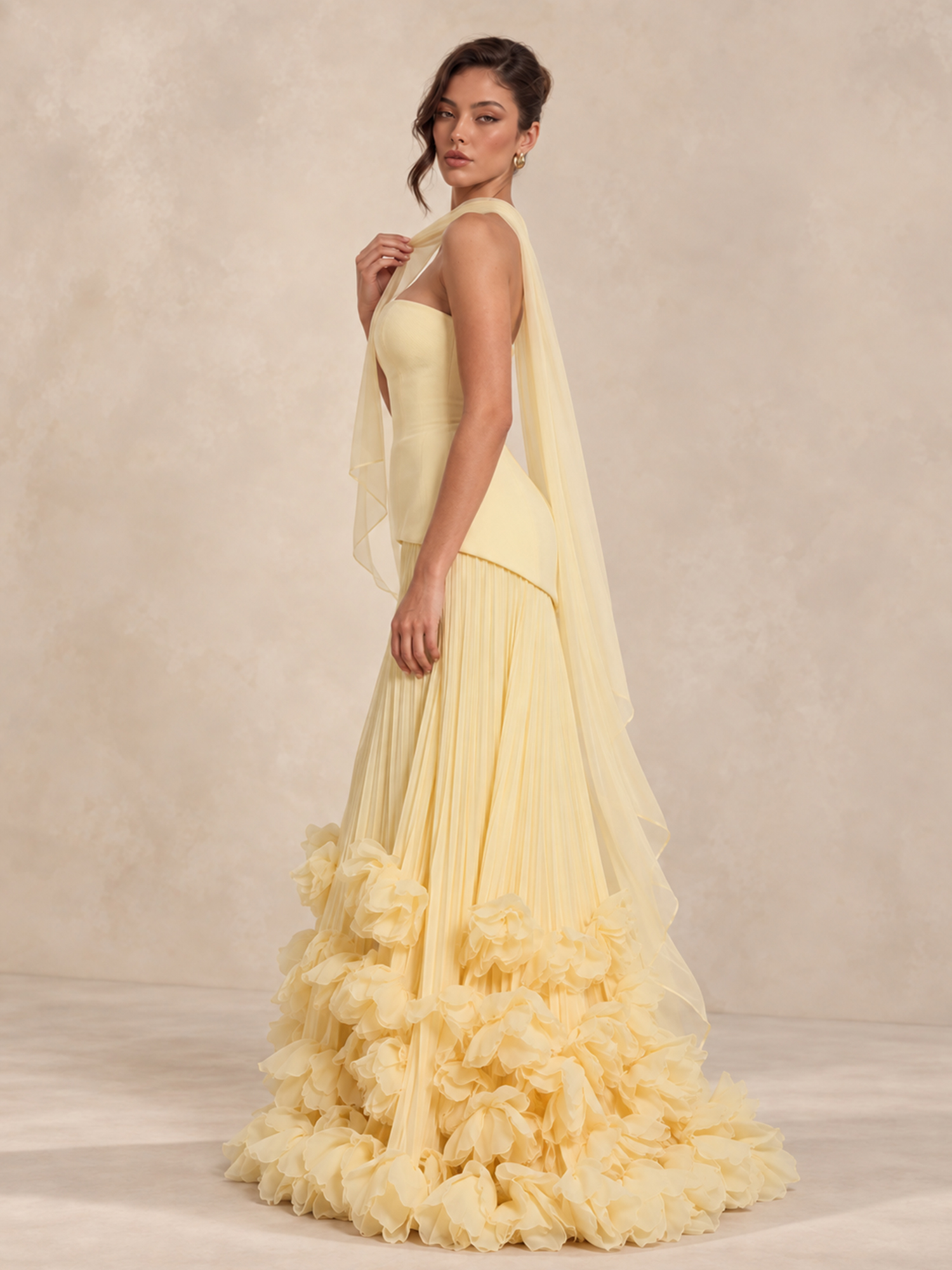 Chiffon Corset Flower Strapless Gown with Scarf
