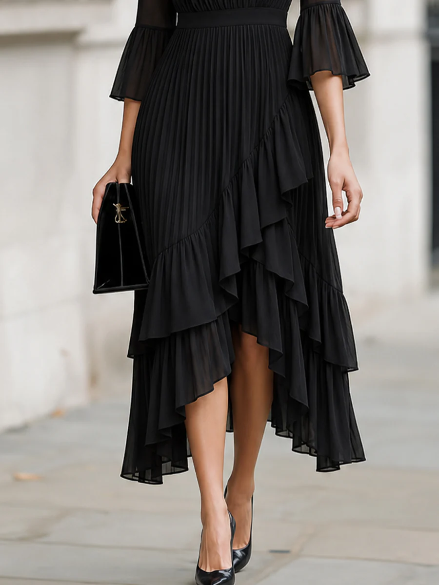 V-Neck 3/4 Flare Sleeve Pleated Chiffon Midi Dress