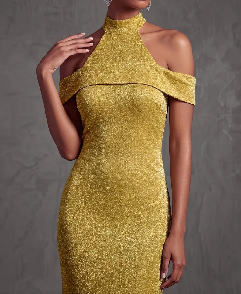 Gold Formal Evening Dress Cold Shoulder Mermaid Maxi Dress