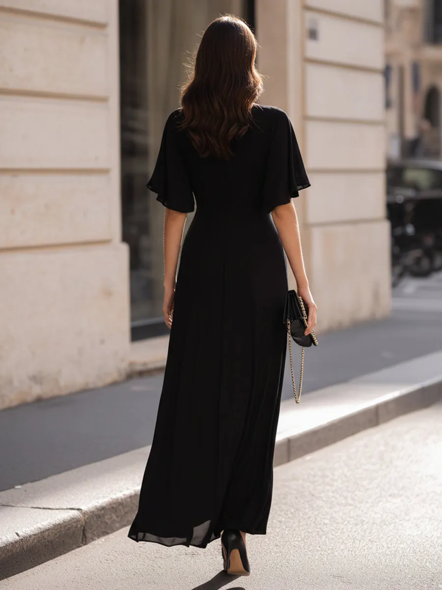 Elegant Black Chiffon Draped Midi Dress