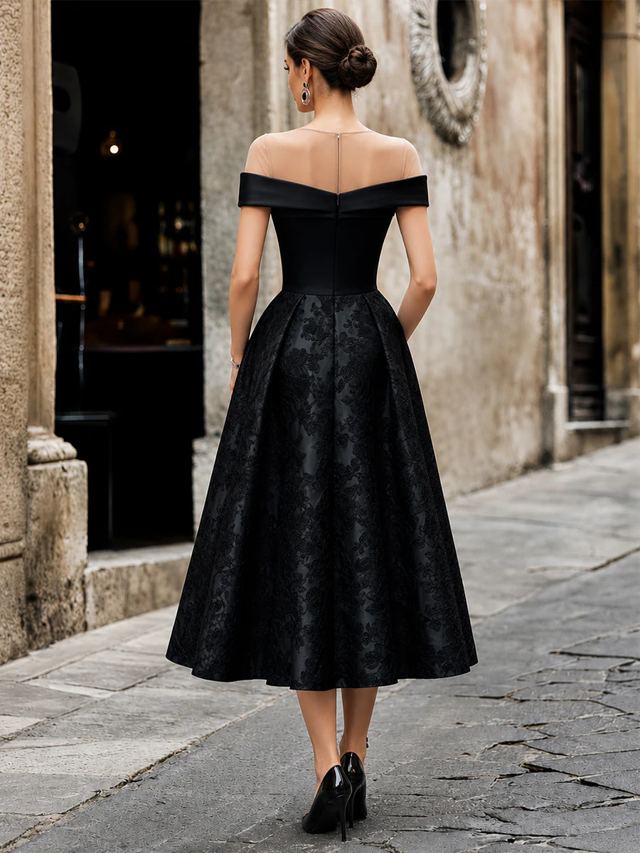 Elegant Off-the-Shoulder Wrap Bodice Floral Jacquard Midi Dress