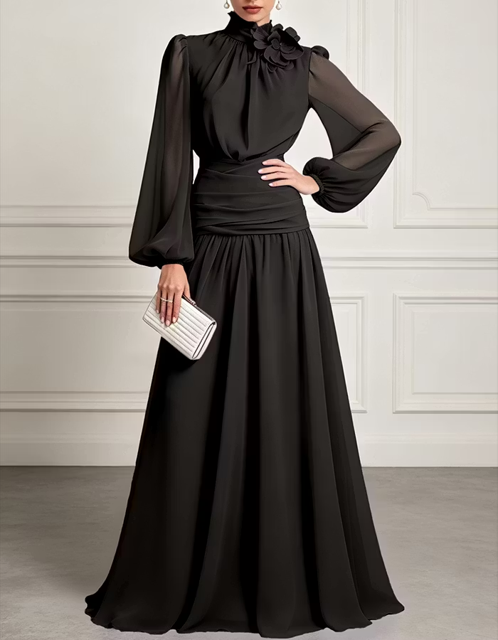 High-Neck Chiffon A-Line Maxi Dress
