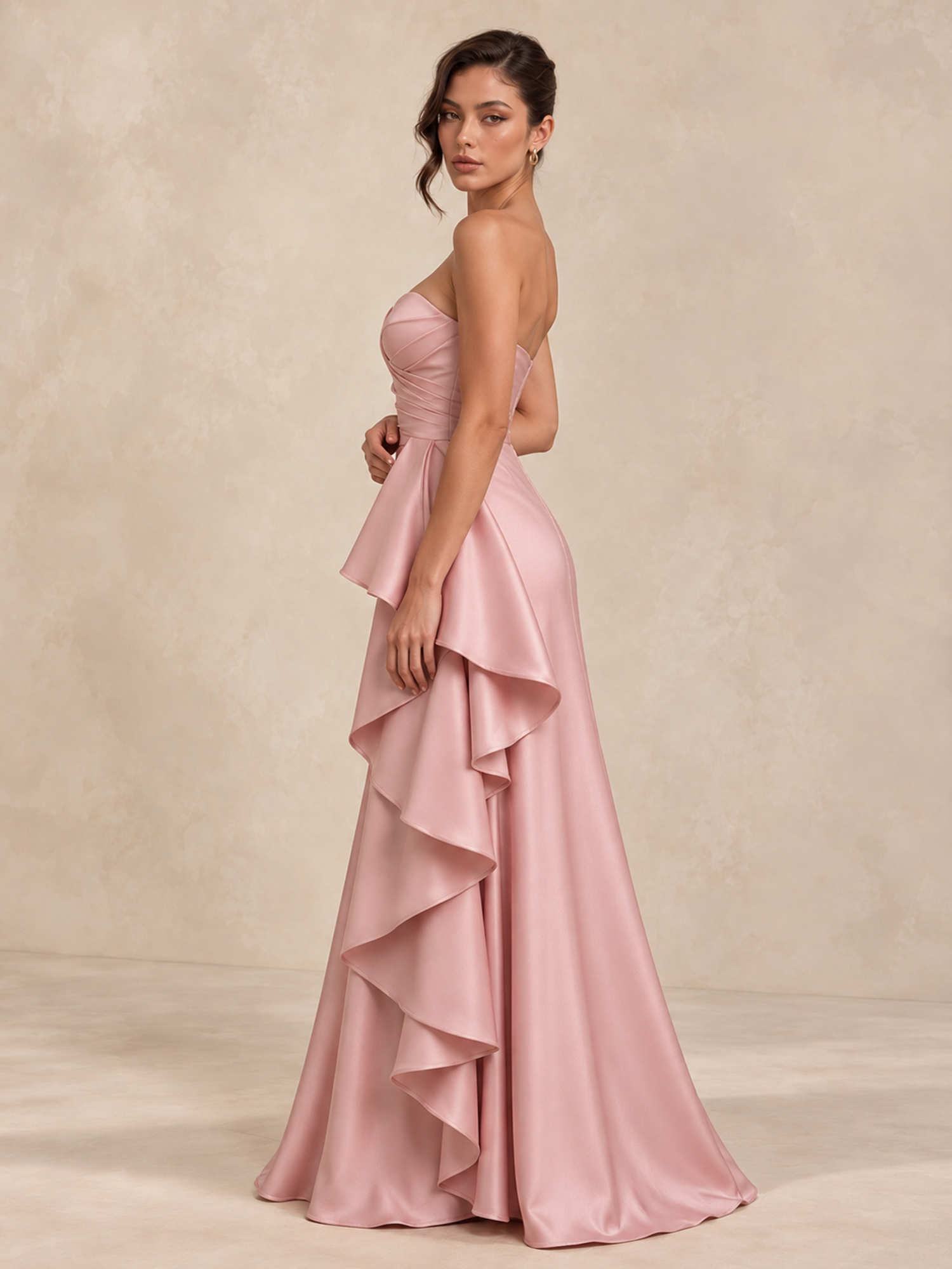 Satin Formal Evening Dress Strapless Ruffle Maxi Gown