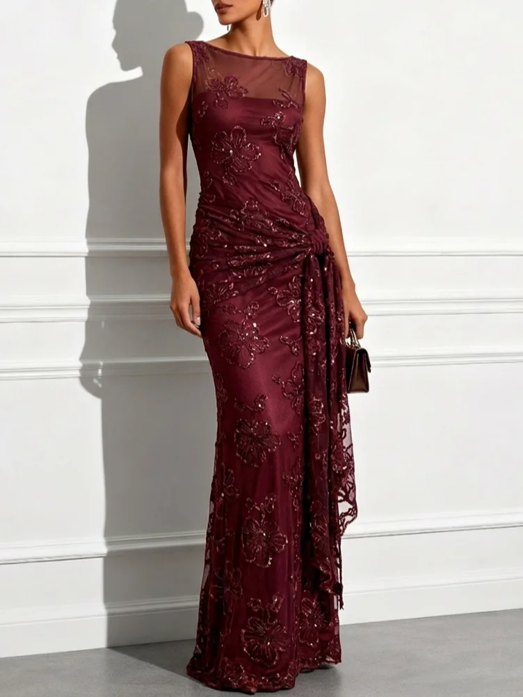 Jacquard Classic Boat Neck Sleeveless Sheath Maxi Dress