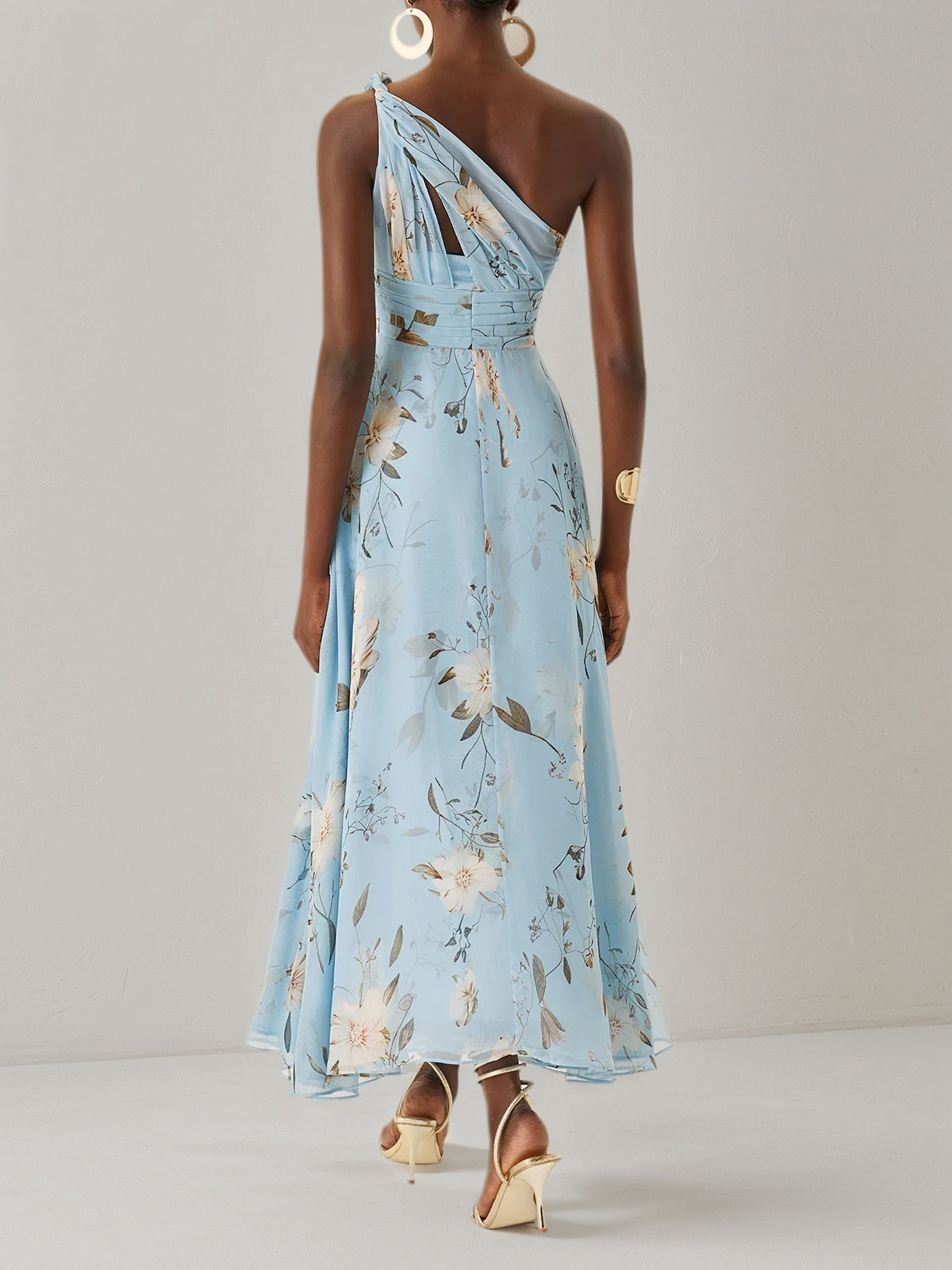 Light Blue Floral Ruched Chiffon One Shoulder Sleeveless A Line Maxi Dress