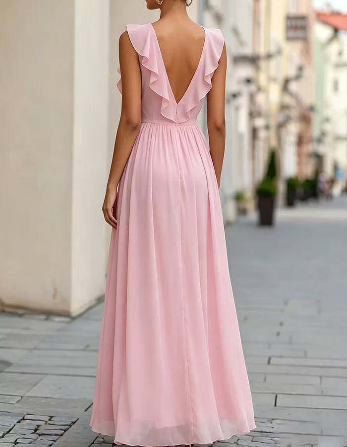 Blush Sleeveless Ruffled V-Neck Maxi Dress