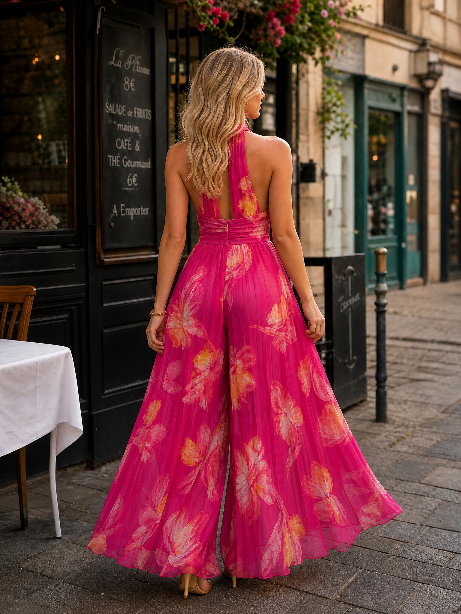 Halter Neck Front-Zip Floral Print Pleated Wide-Leg Chiffon Jumpsuit