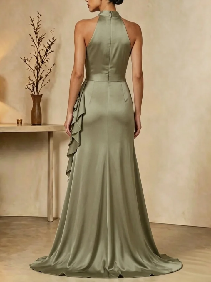 Army Green 3D Floral Satin Halter Neck Sleeveless A-Line Gown Dress