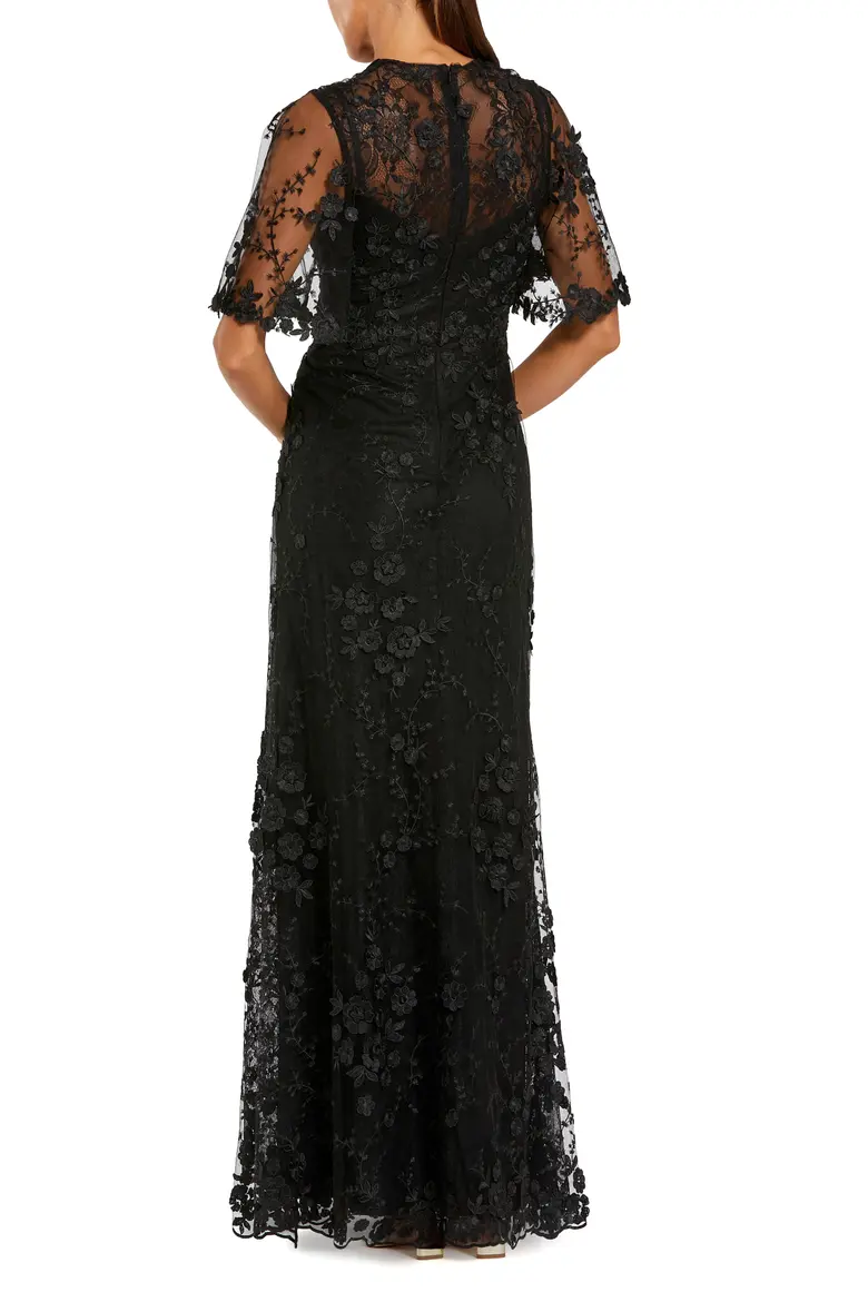 Elegant Floral Embroidered Evening Gown with Flutter Sleeves