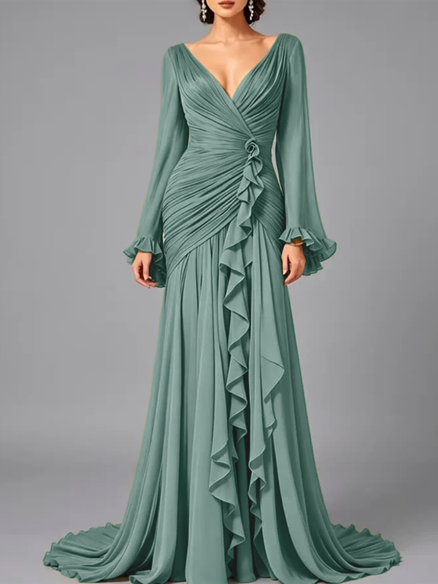 V-Neck Sheer Long Sleeve Ruffled Chiffon Dress
