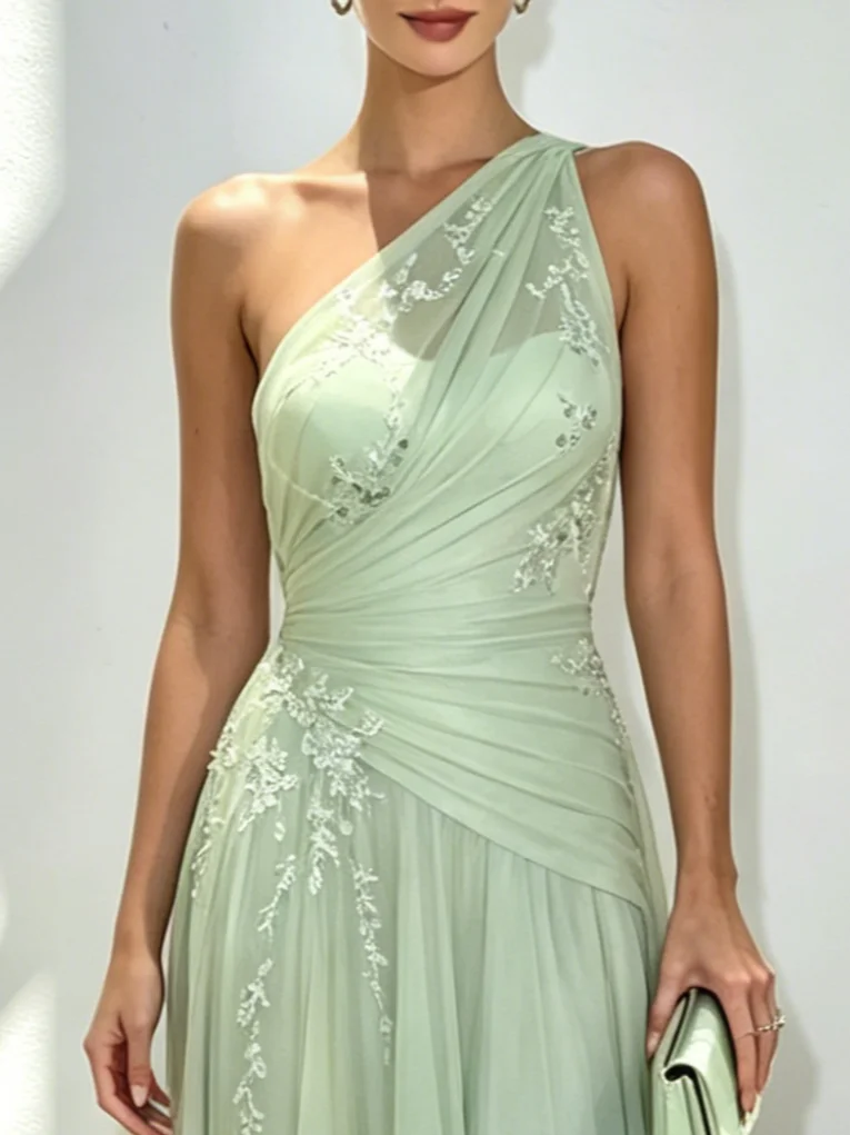 Lightgreen Applique 3D Floral Chiffon One Shoulder Sleeveless A-Line Floor Length Dress