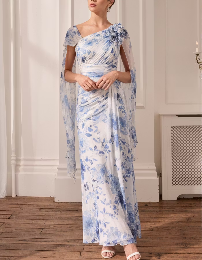 Blue And White One-Shoulder Floor-Length Maxi Dress