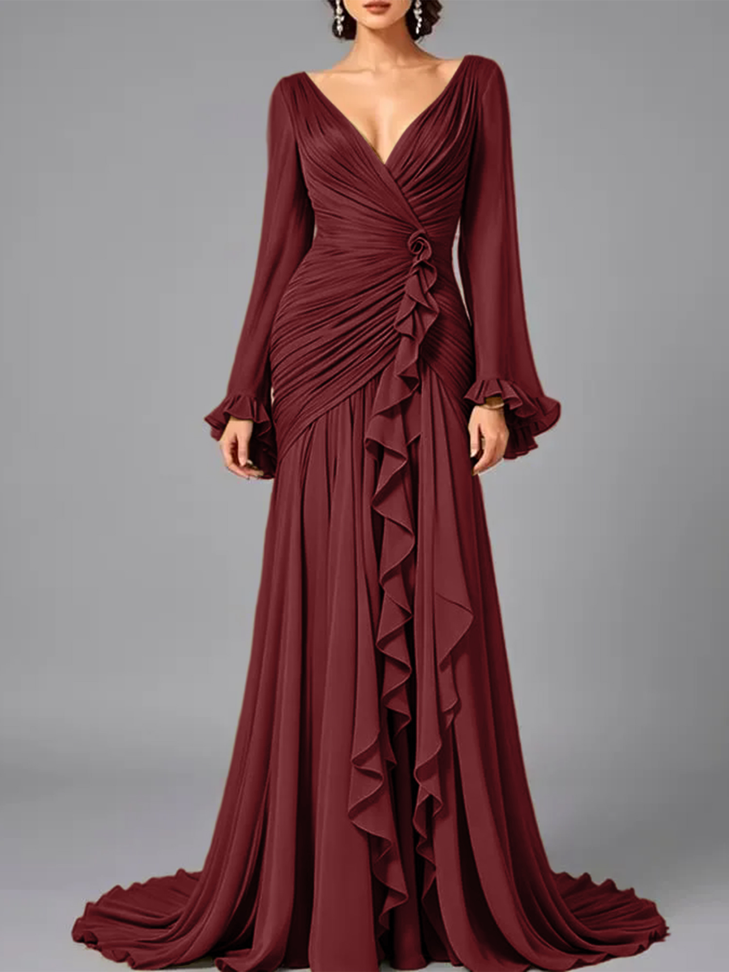 V-Neck Sheer Long Sleeve Ruffled Chiffon Dress