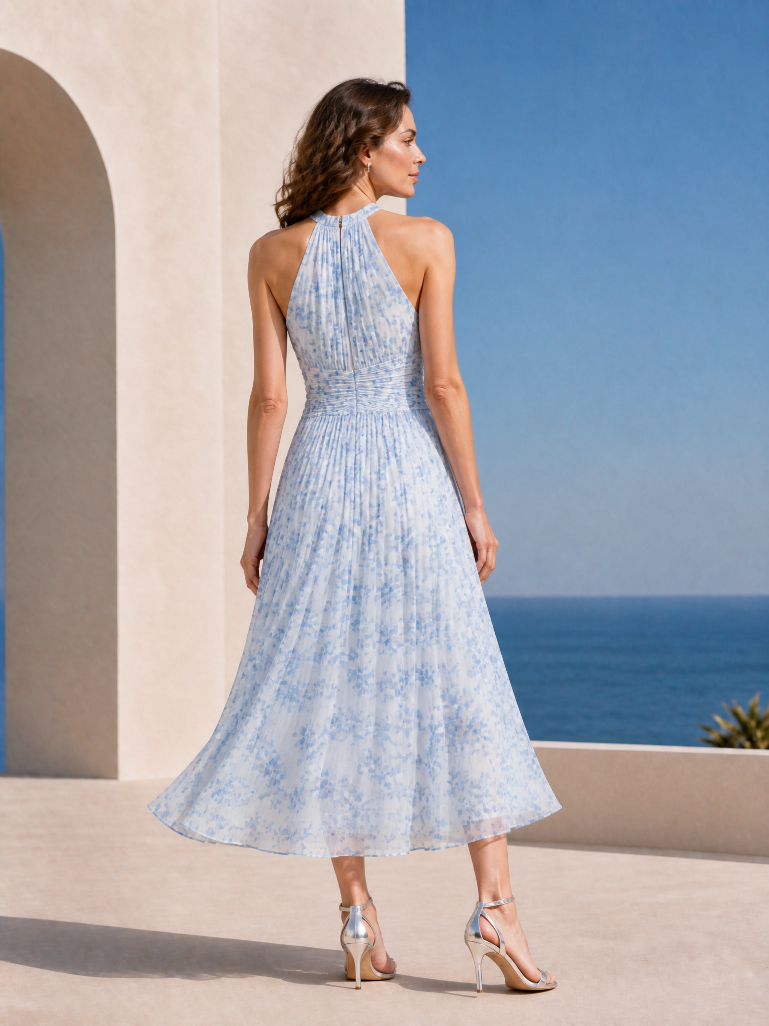 Blue Floral Halter Neck Midi Dress Garden Wedding Beach Vacation Dress