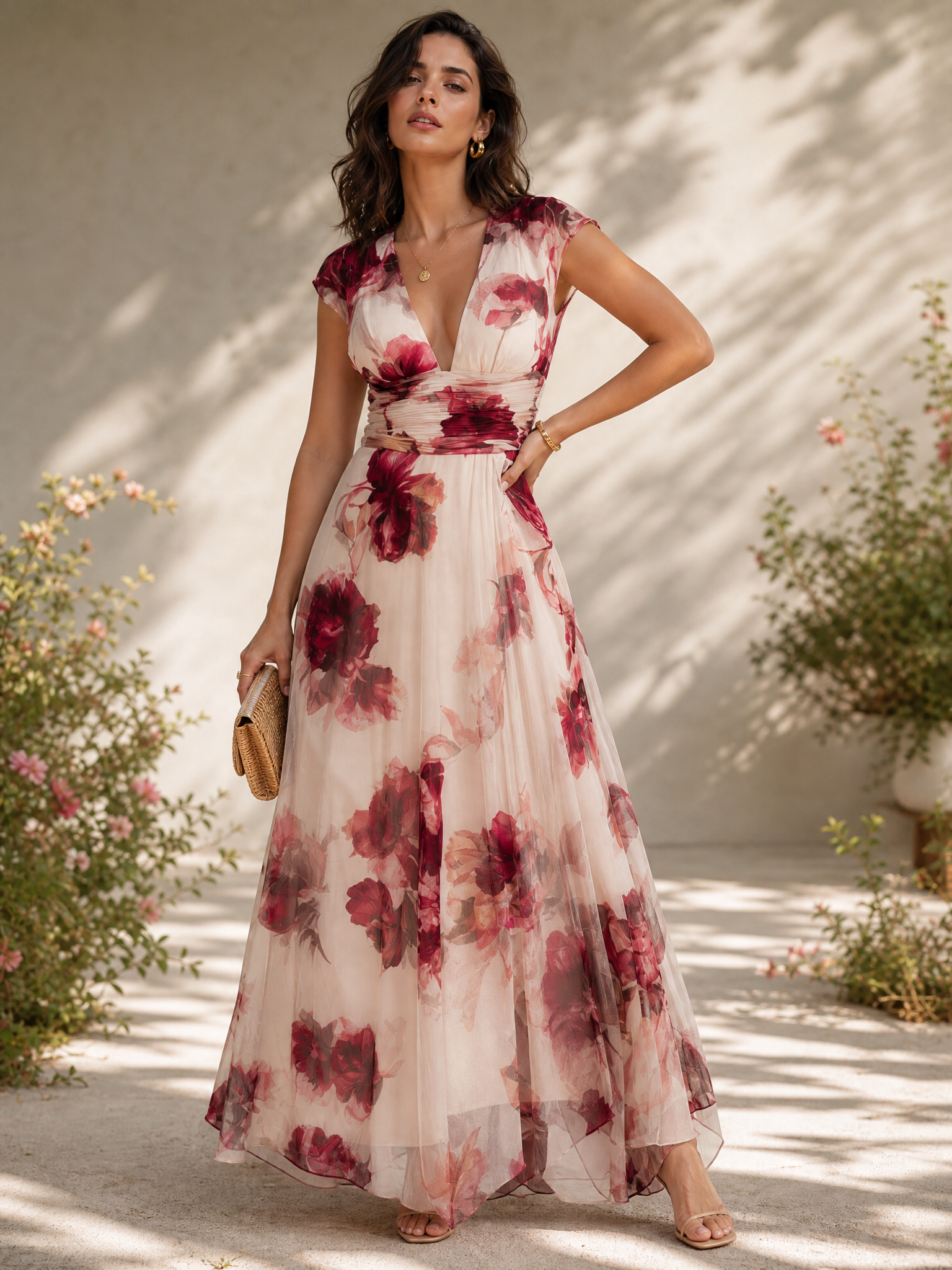 V-Neck Cap Sleeve Floral Print Floor-Length Chiffon A-Line Gown
