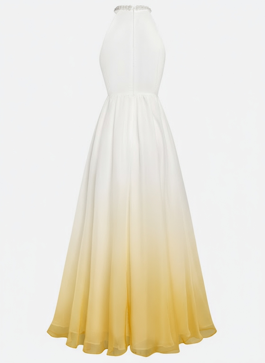 Pink Ombre Halter Maxi Dress Pleated Wedding Guest Gown for Beach & Summer Parties