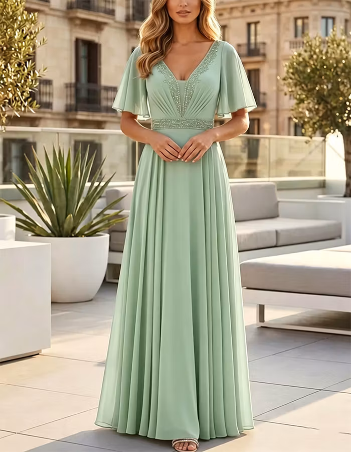 Dusty Blue Sequined Flutter Sleeve Chiffon Maxi Dress