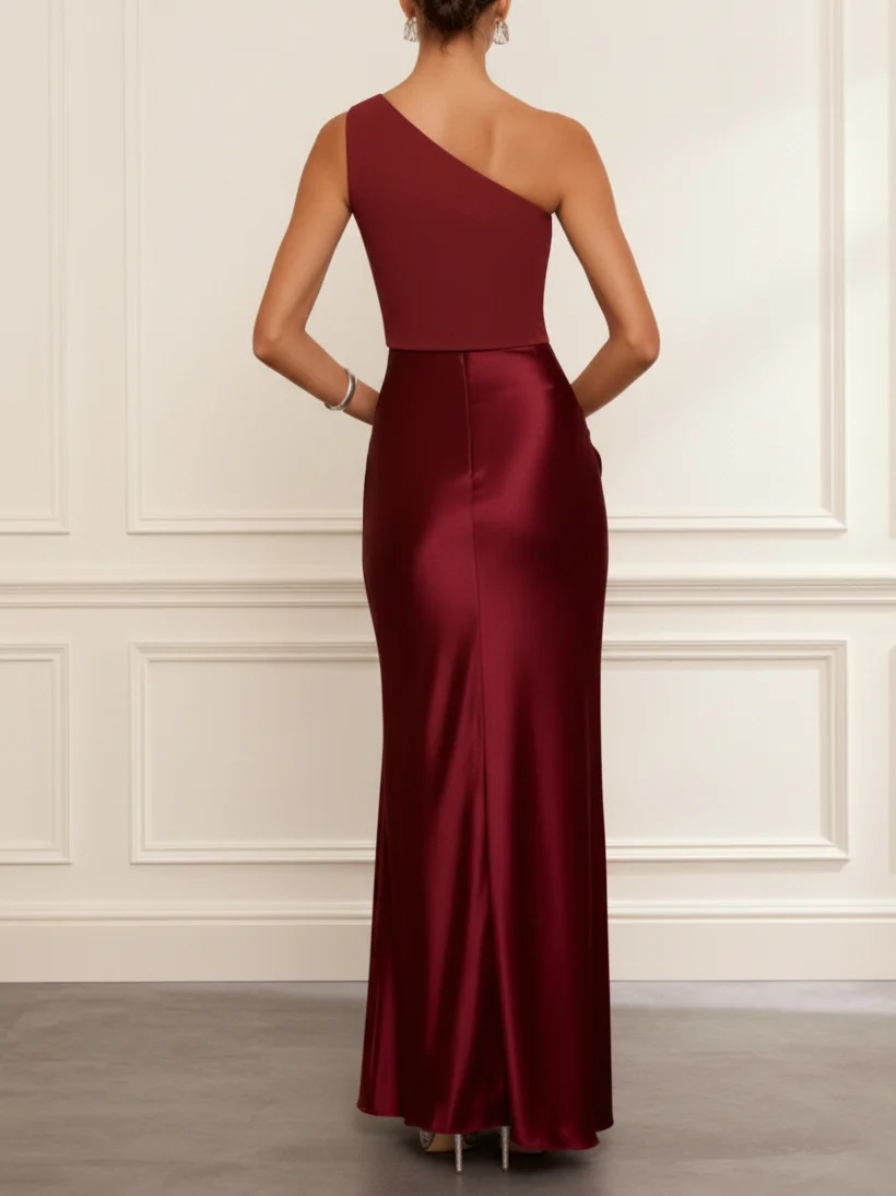 Wine Red Split Joint Satin One Shoulder Sleeveless Sheath Maxi Dress