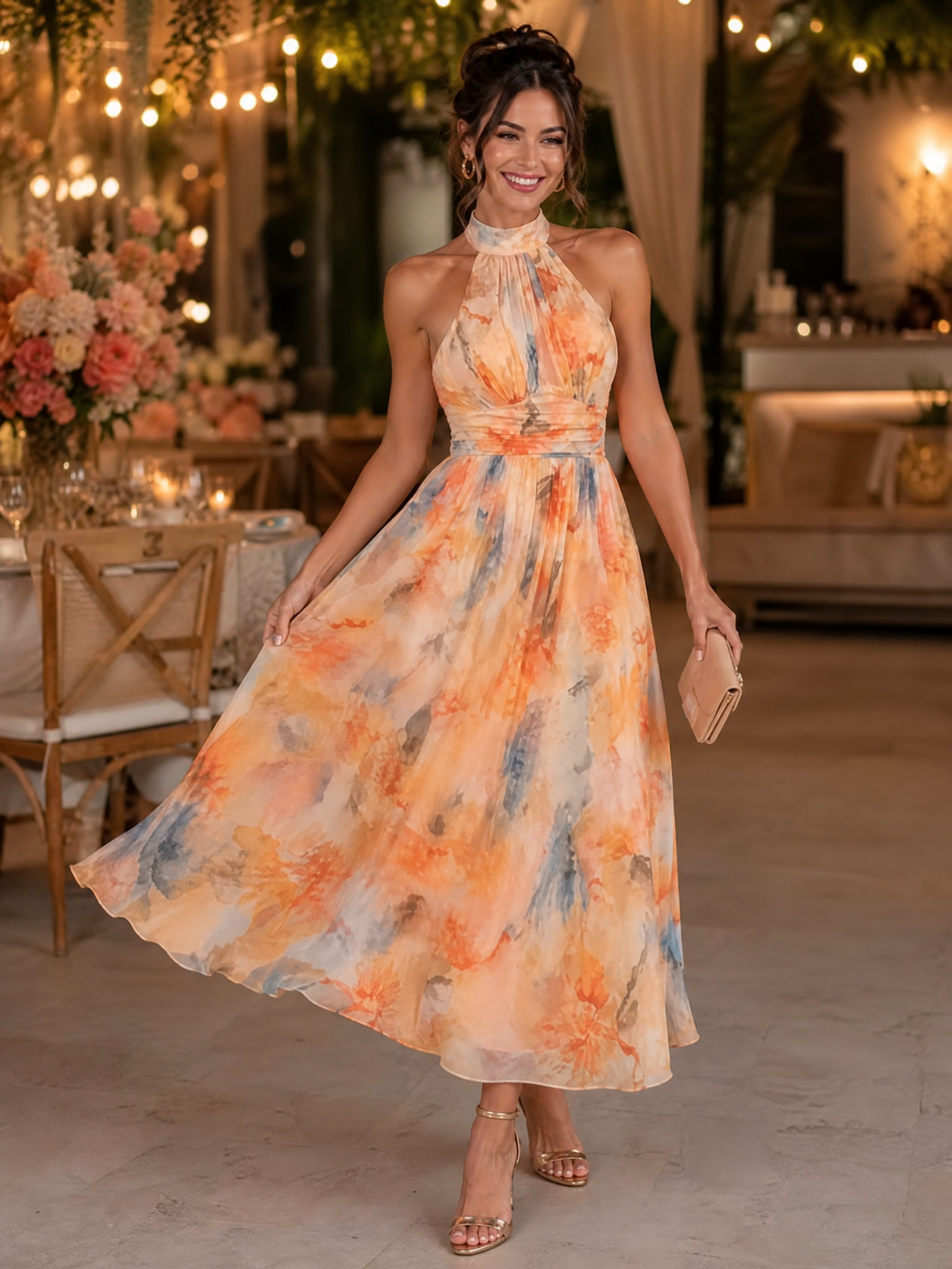 Halter Neck Backless Watercolor Floral Print Ankle-Length Chiffon A-Line Midi Dress