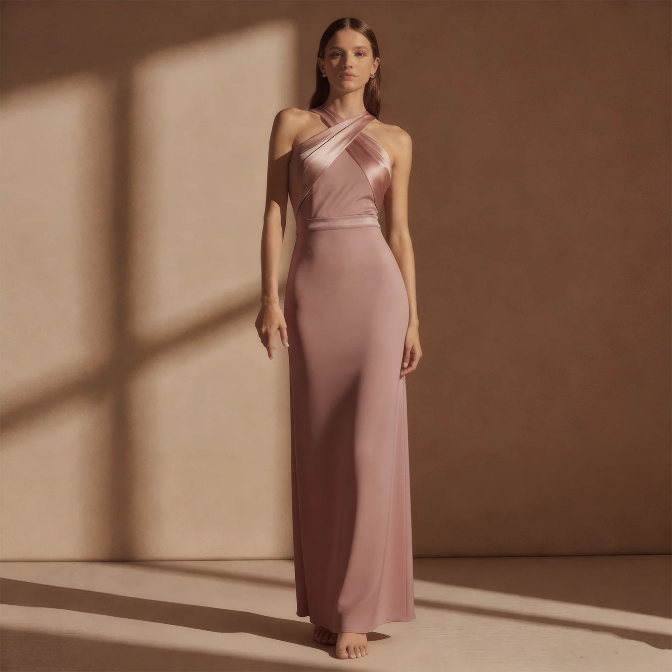 Light Pink Classic Halter Neck Sleeveless Sheath Floor-length Gown Dress