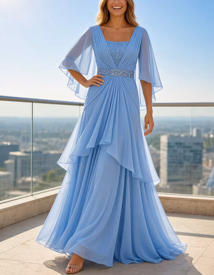 Blue Square Neck Capelet Sleeves Sequined Chiffon Maxi Dress