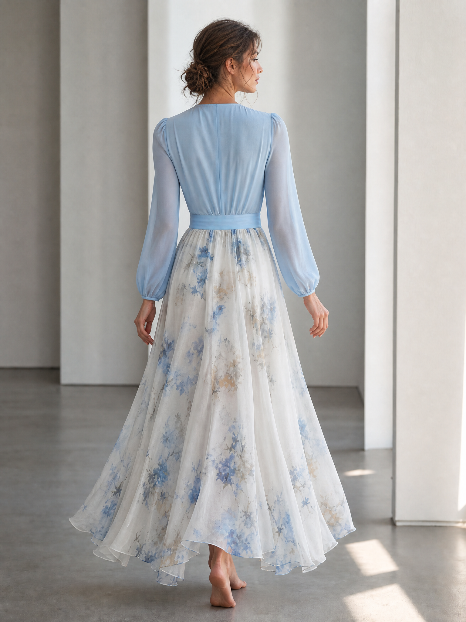 Plunging V-Neck Long Sleeve Floral Print Floor-Length Chiffon A-Line Gown