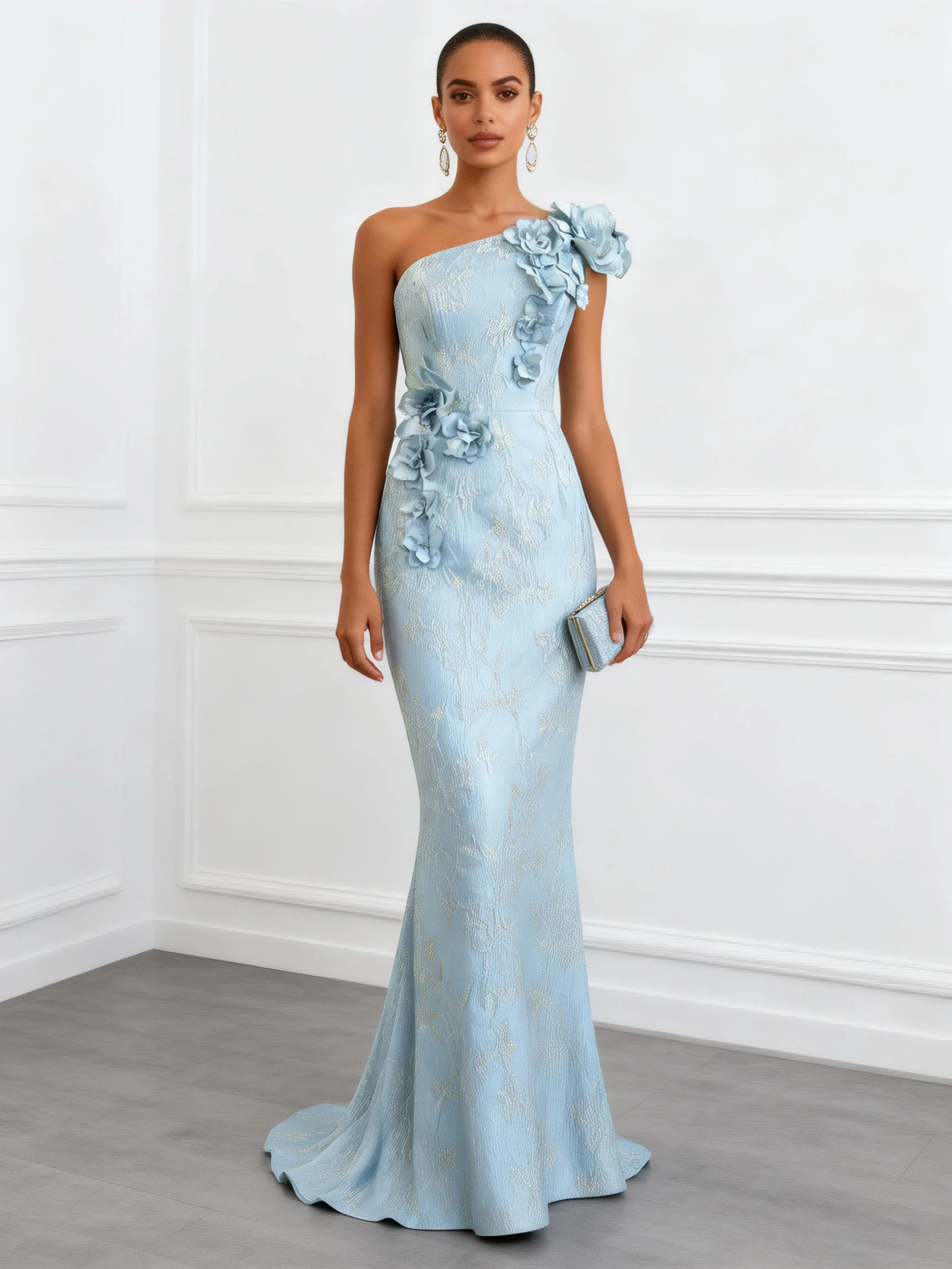 Light Blue 3D Floral Jacquard Classic One Shoulder Sleeveless Mermaid Gown Dress