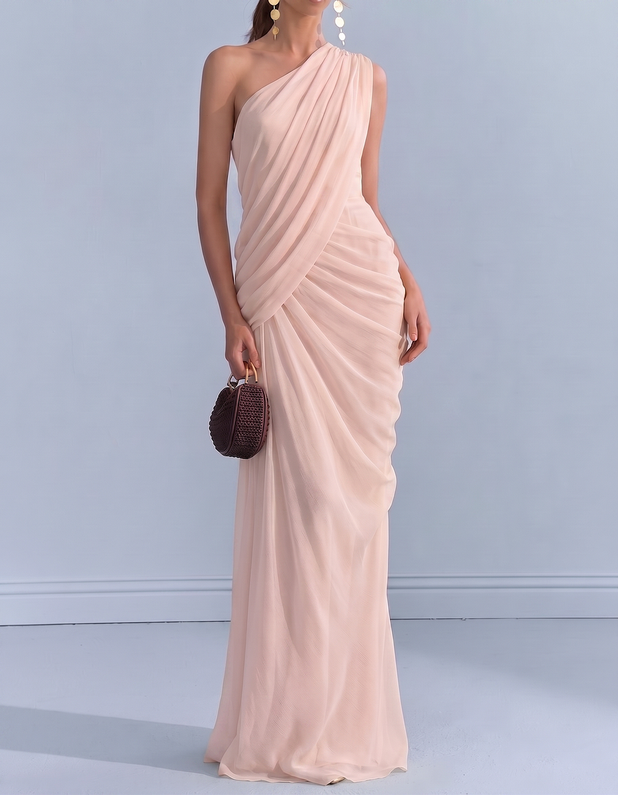 Chiffon One-Shoulder Fitted Waist Fishtail Maxi Dress