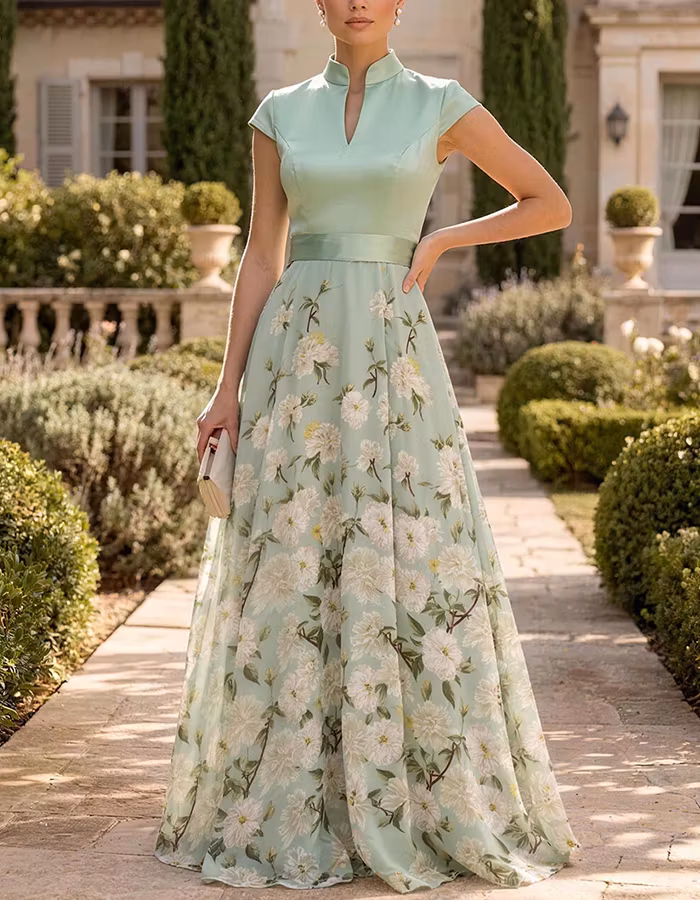 Mint Green Mandarin Collar Floral Chiffon Maxi Dress