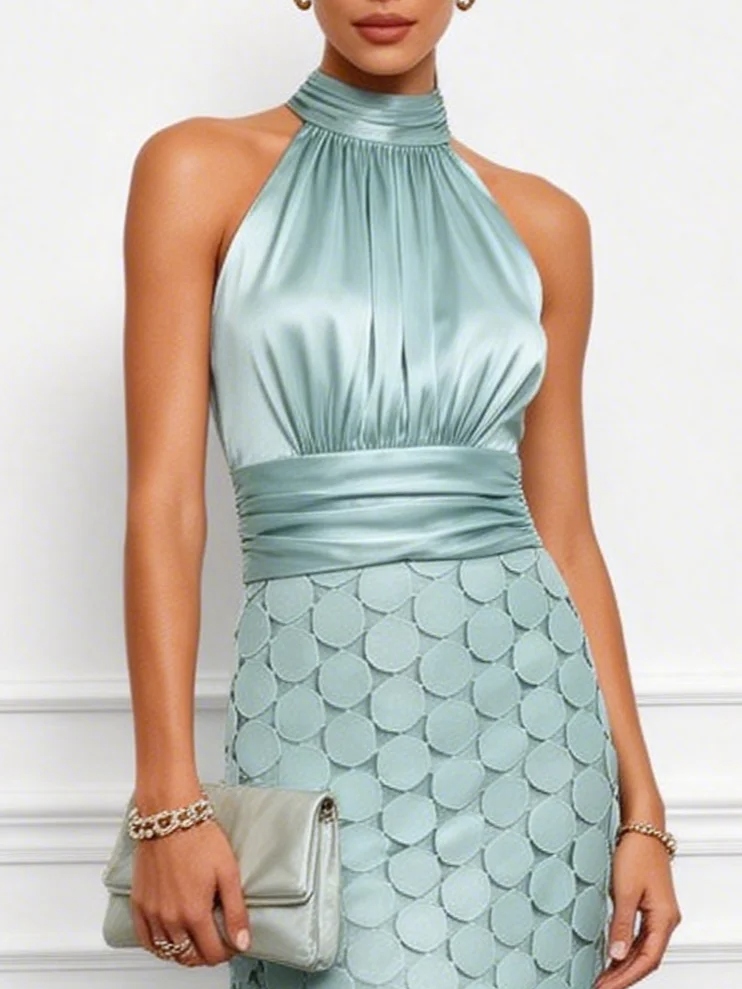 Women Light Green Ruched Halter Neck Sleeveless Dressy Top With Skirt Two-Piece Set