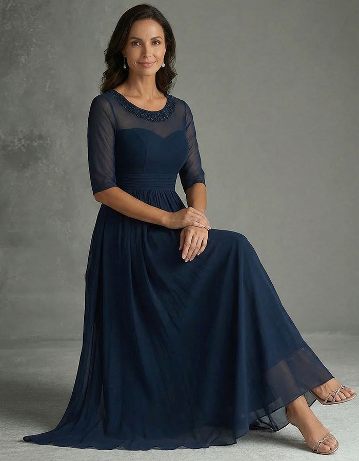 Navy Blue Mesh Sequined Waist Maxi Dress
