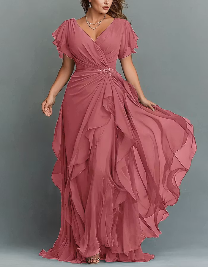 Solid Color V-neck Ruffled Chiffon Maxi Dress