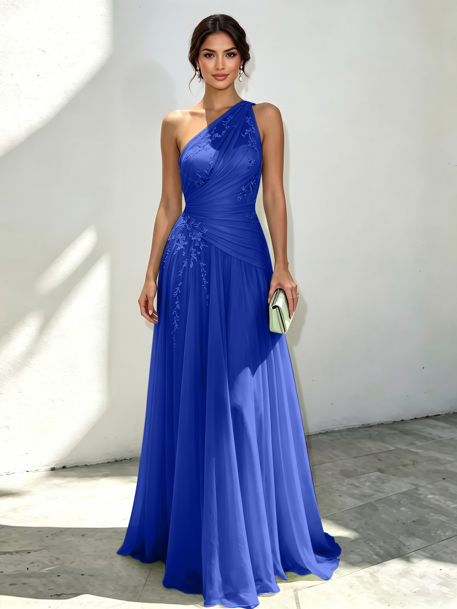Mint Green Applique 3D Floral Chiffon One Shoulder Sleeveless A-Line Floor Length Dress