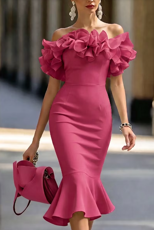 Chiffon Ruffle Waist-Cinching Hip-Hugging Fishtail Midi Dress