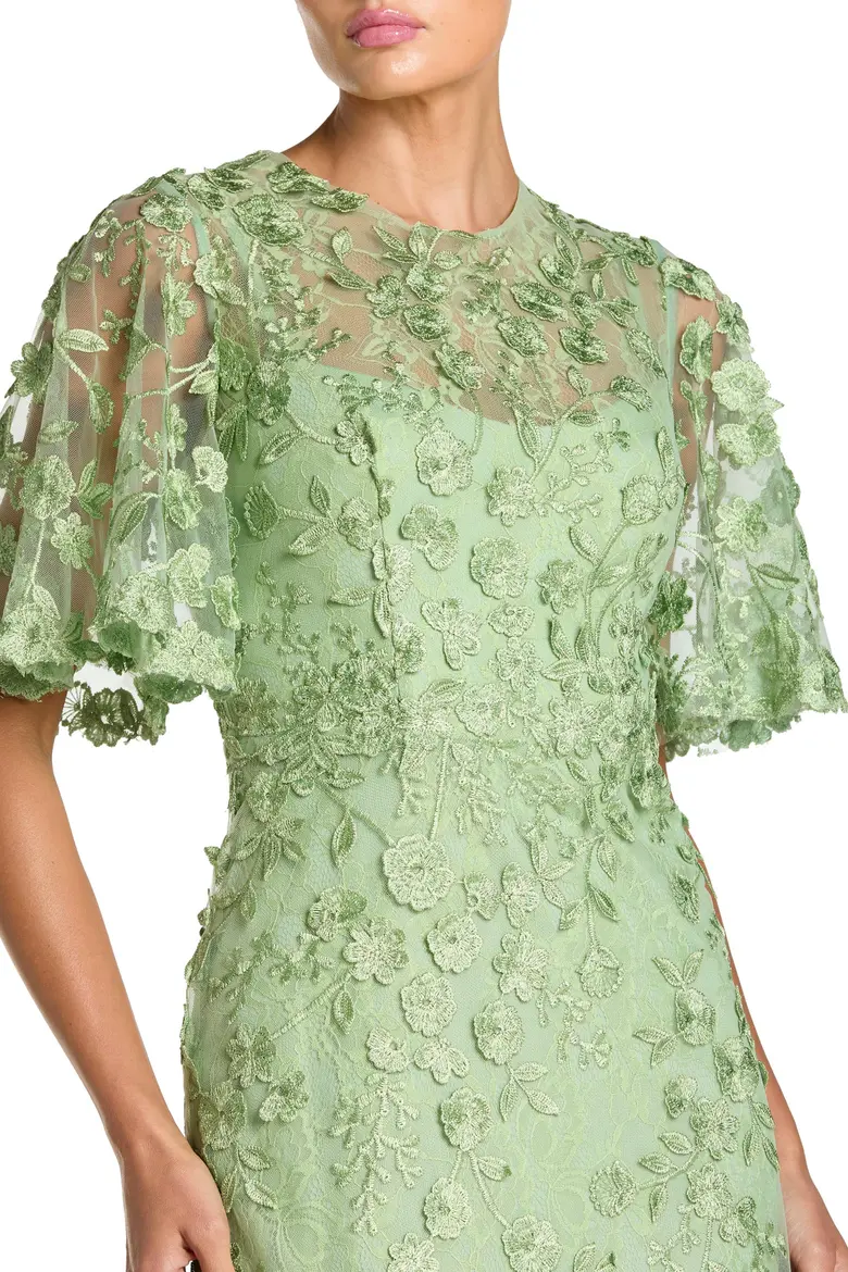 Elegant Floral Embroidered Evening Gown with Flutter Sleeves