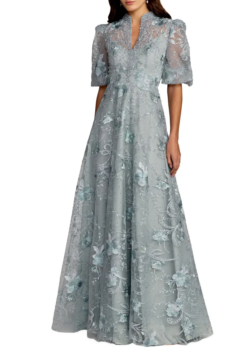Elegant Embroidered Tulle Queen Anne High-Neck Gown